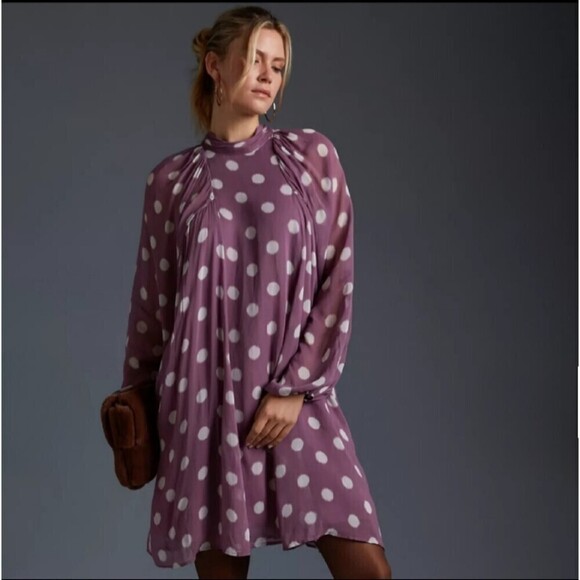 Maeve Anthropologie Mauve Polka Dot Tie Neck Balloon Sleeve Open Back Dress, S - Picture 1 of 13
